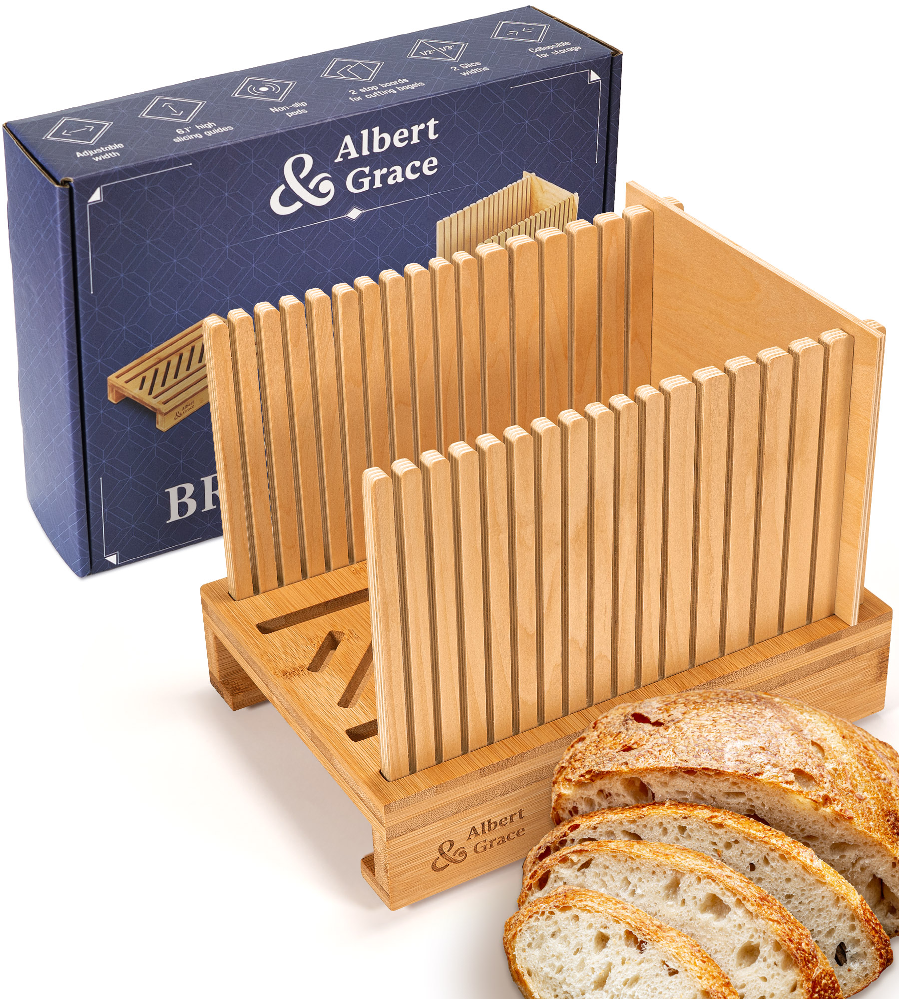 Albert&Grace bread slicer with package and sourdough bread