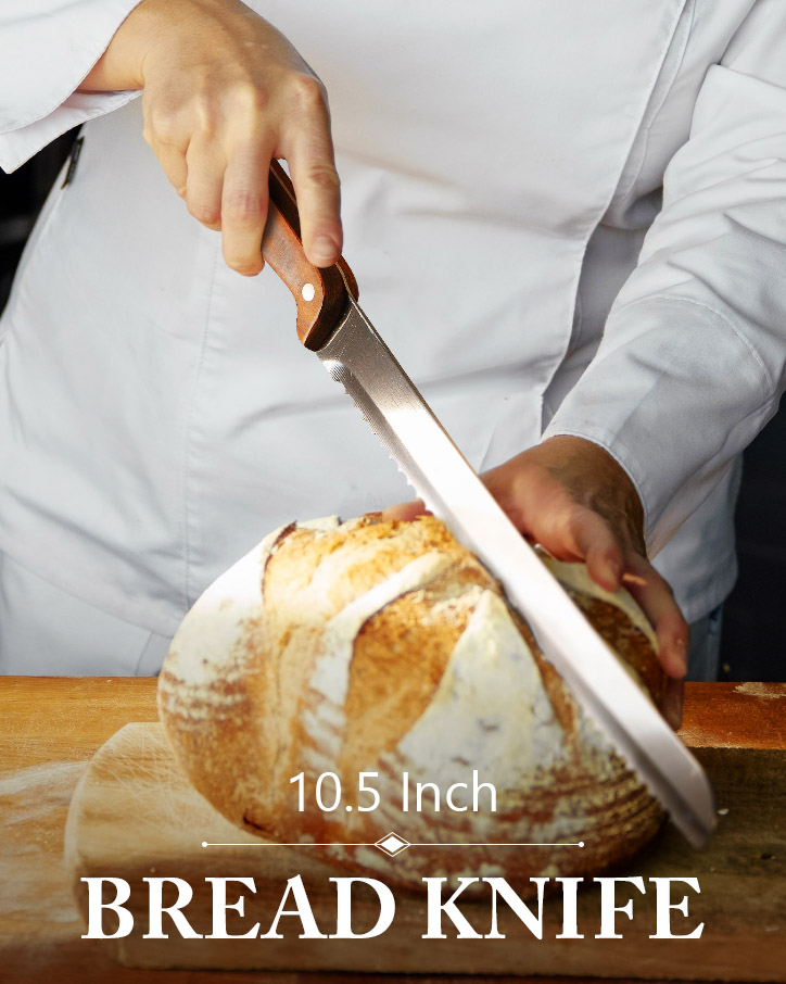 serrated bread knife cutting fresh sourdough bread