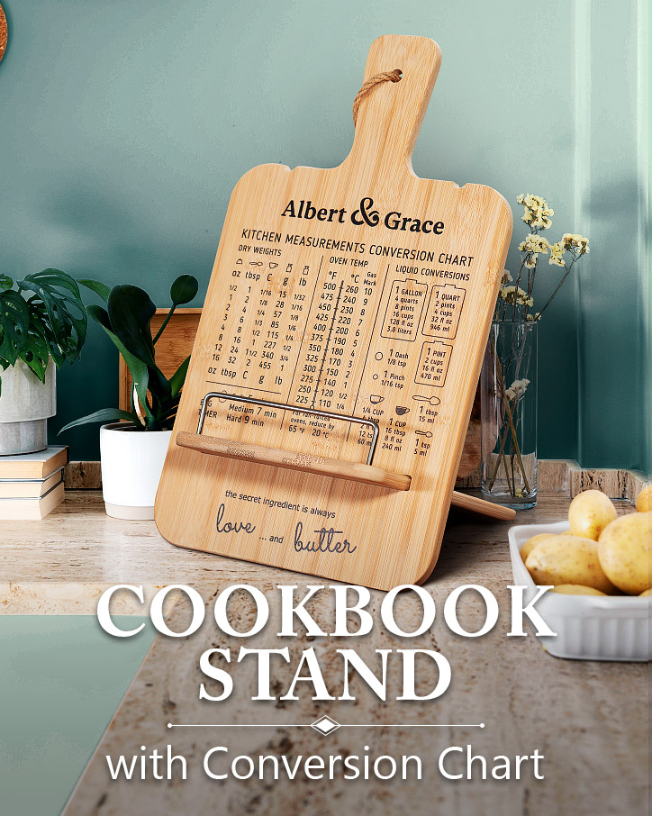Cookbook stand with conversion chart on kitchen counter