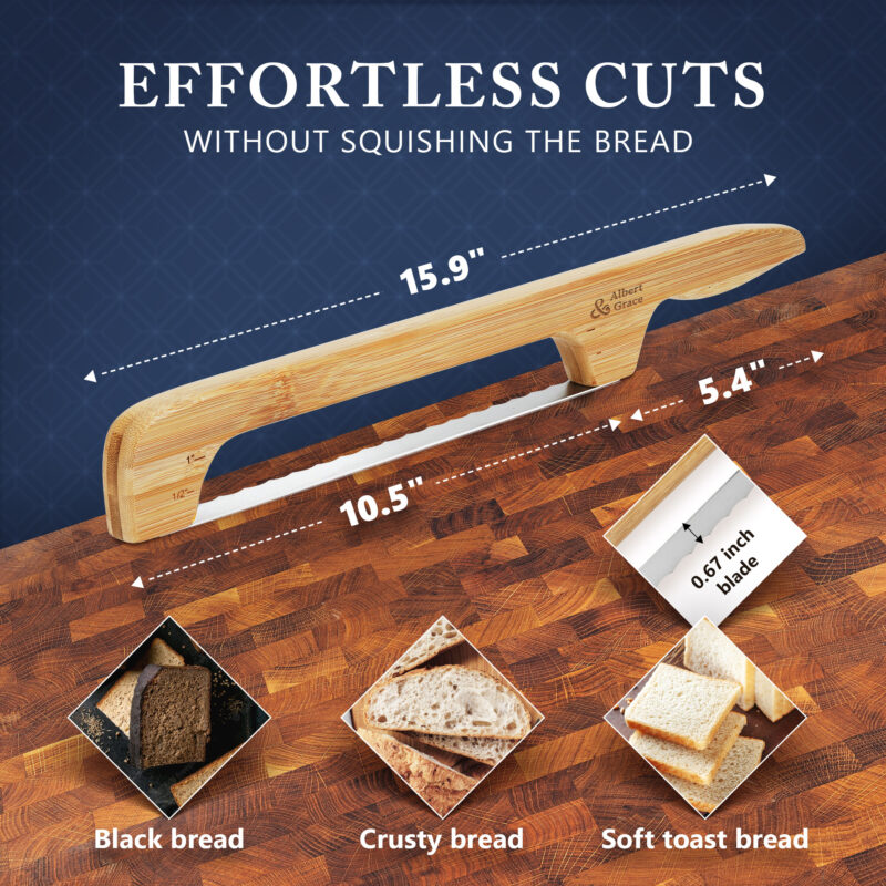 bread bow on table with measurements and highlights it is good for cutting different breads