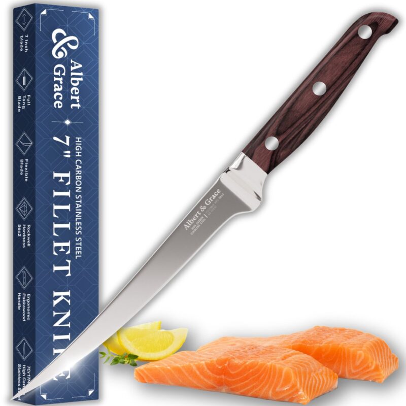 fillet knife with piece of salmon and gift box