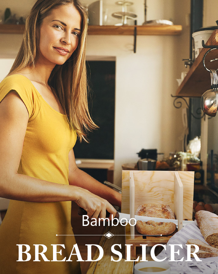 woman cutting bread using bamboo bread slicer