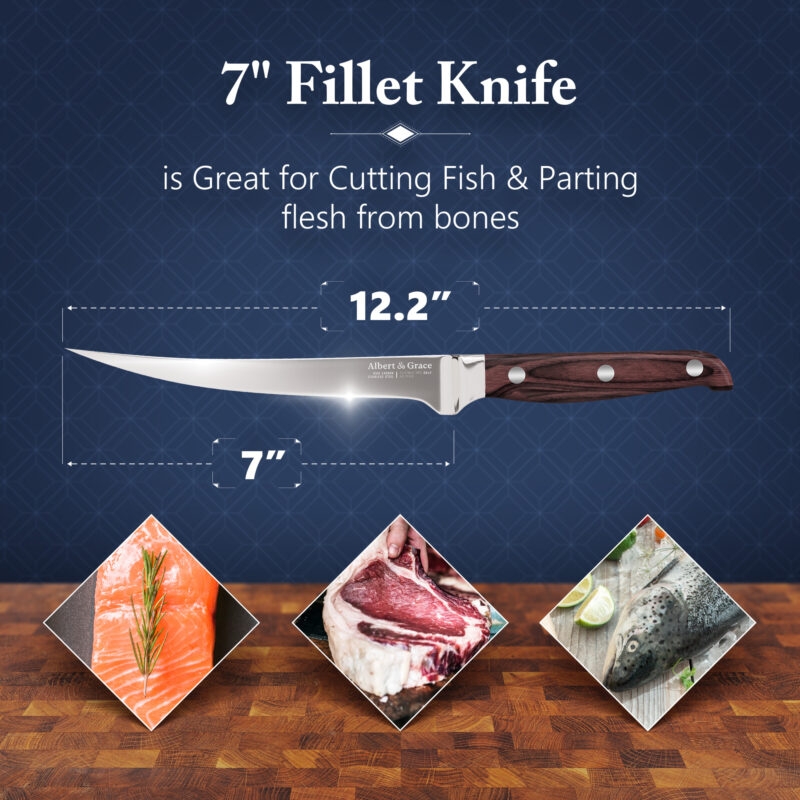 fillet knife on blue background with measurements
