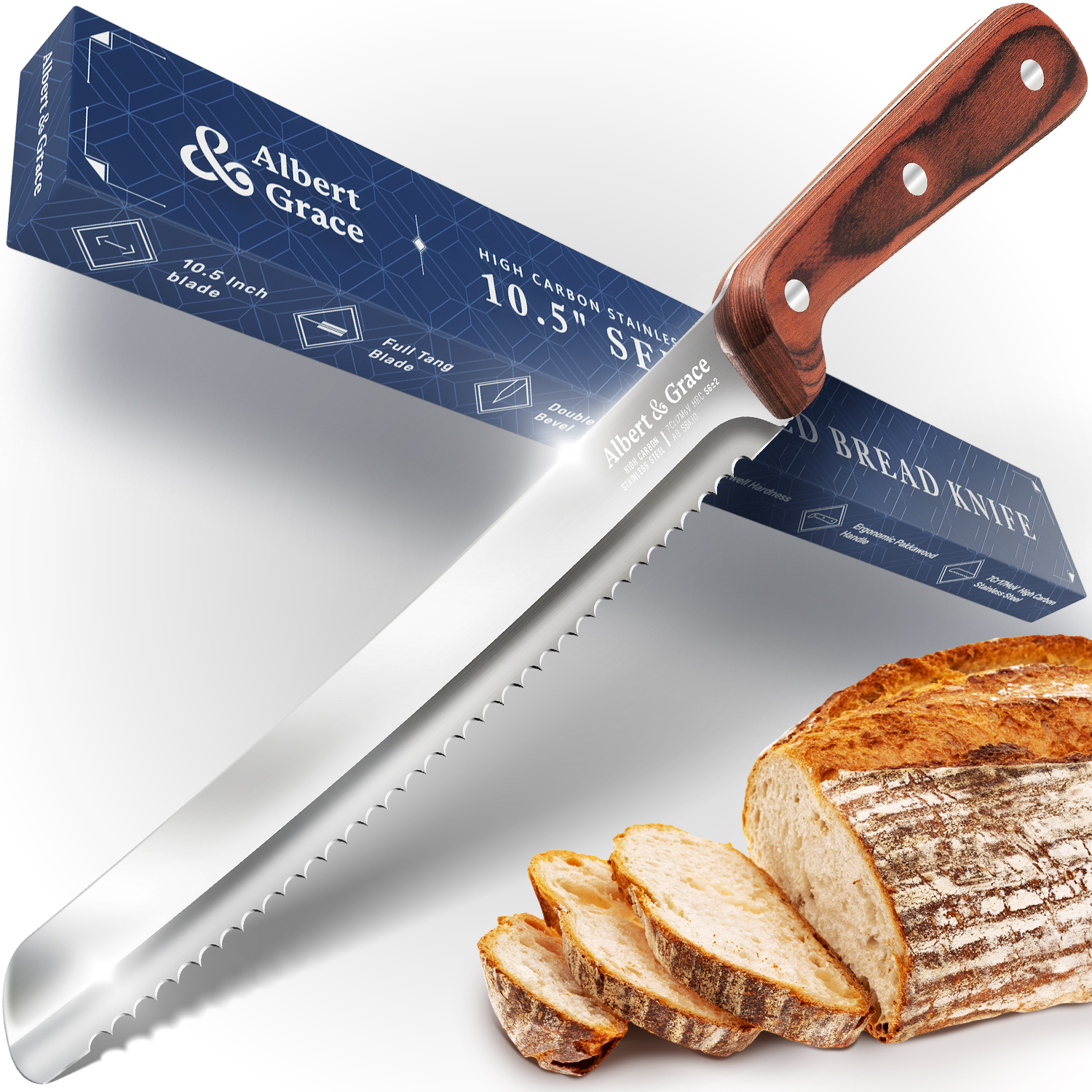 Albert&Grace bread knife with sourdough bread and gift box