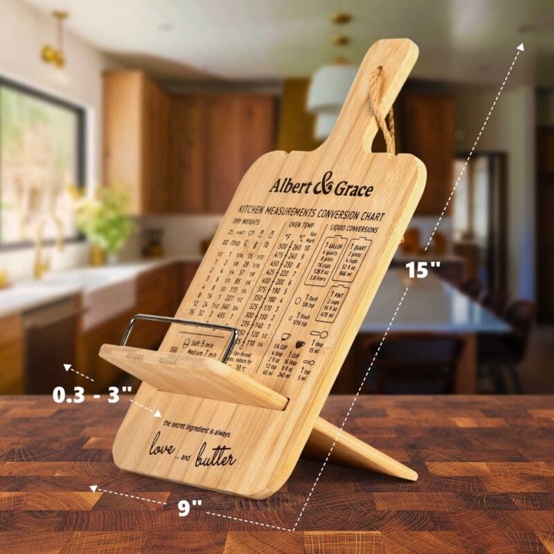 albert&grace cookbook stand on dark kitchen table with measurements