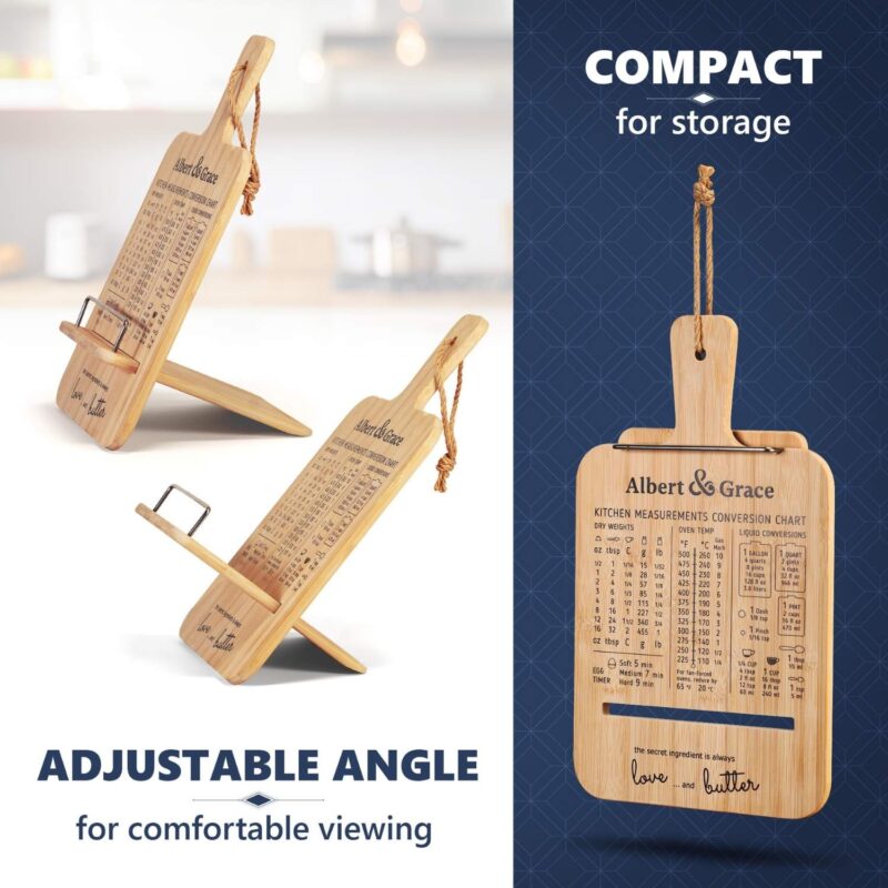 cookbook holder has adjustable angle and is compact for storage
